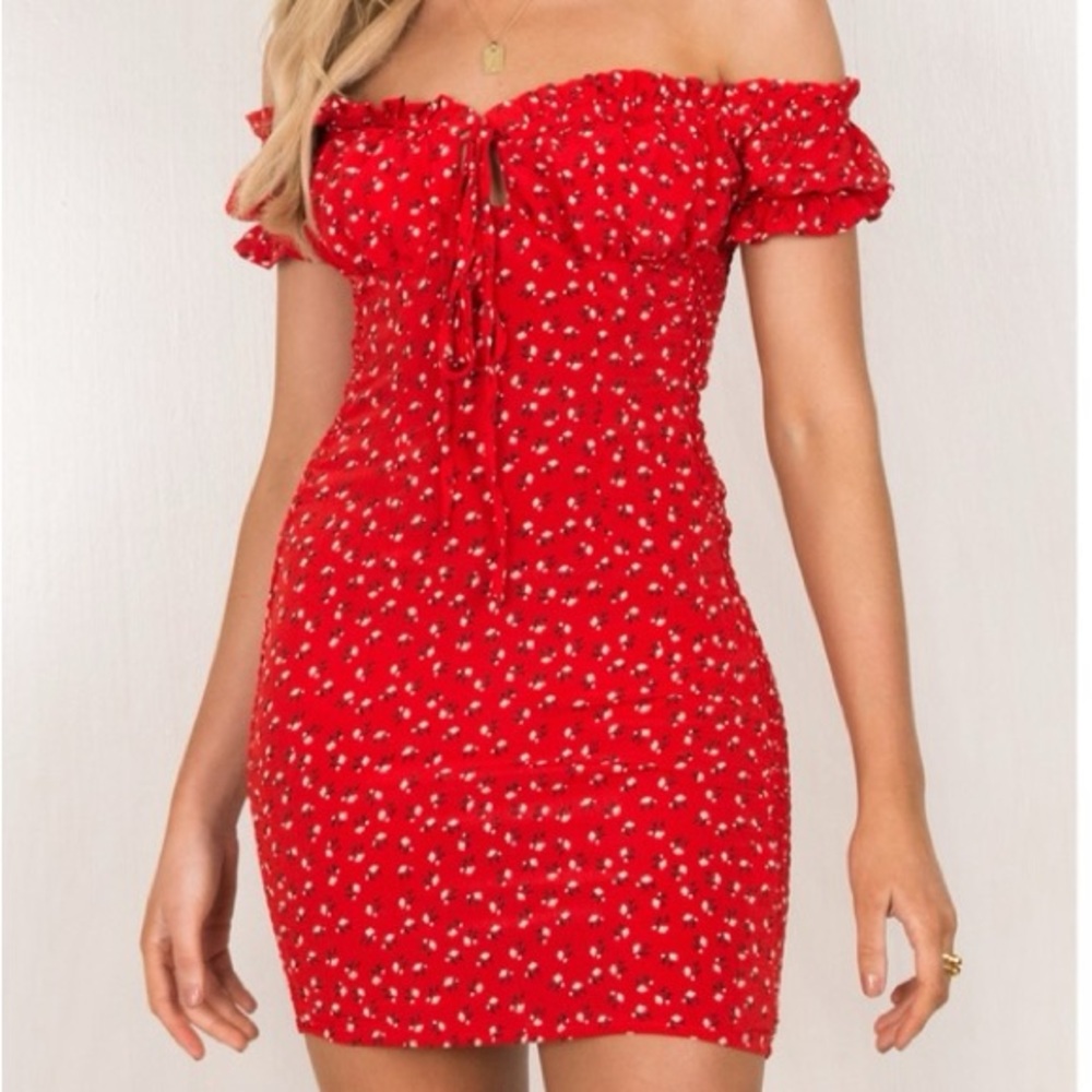 Sundae Muse Rare Bambi Floral Dress in Red with Puff Sleeves and Drawstring